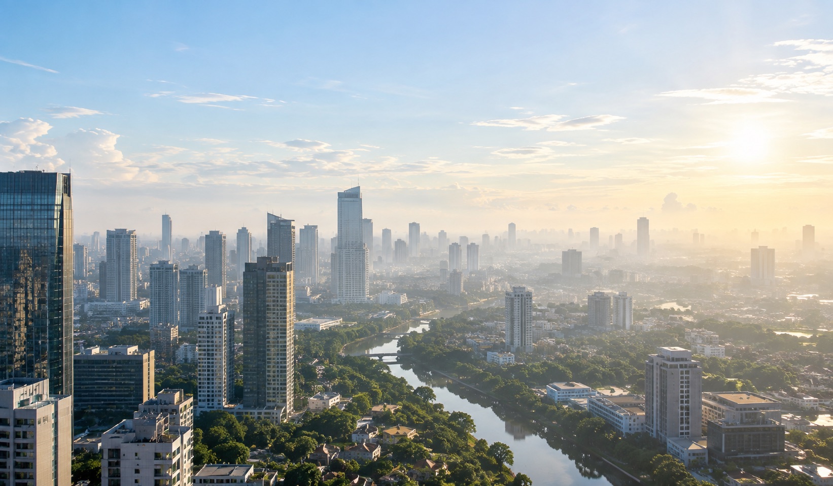 A hazy city skyline in bright morning light, towers rising beyond a green river valley